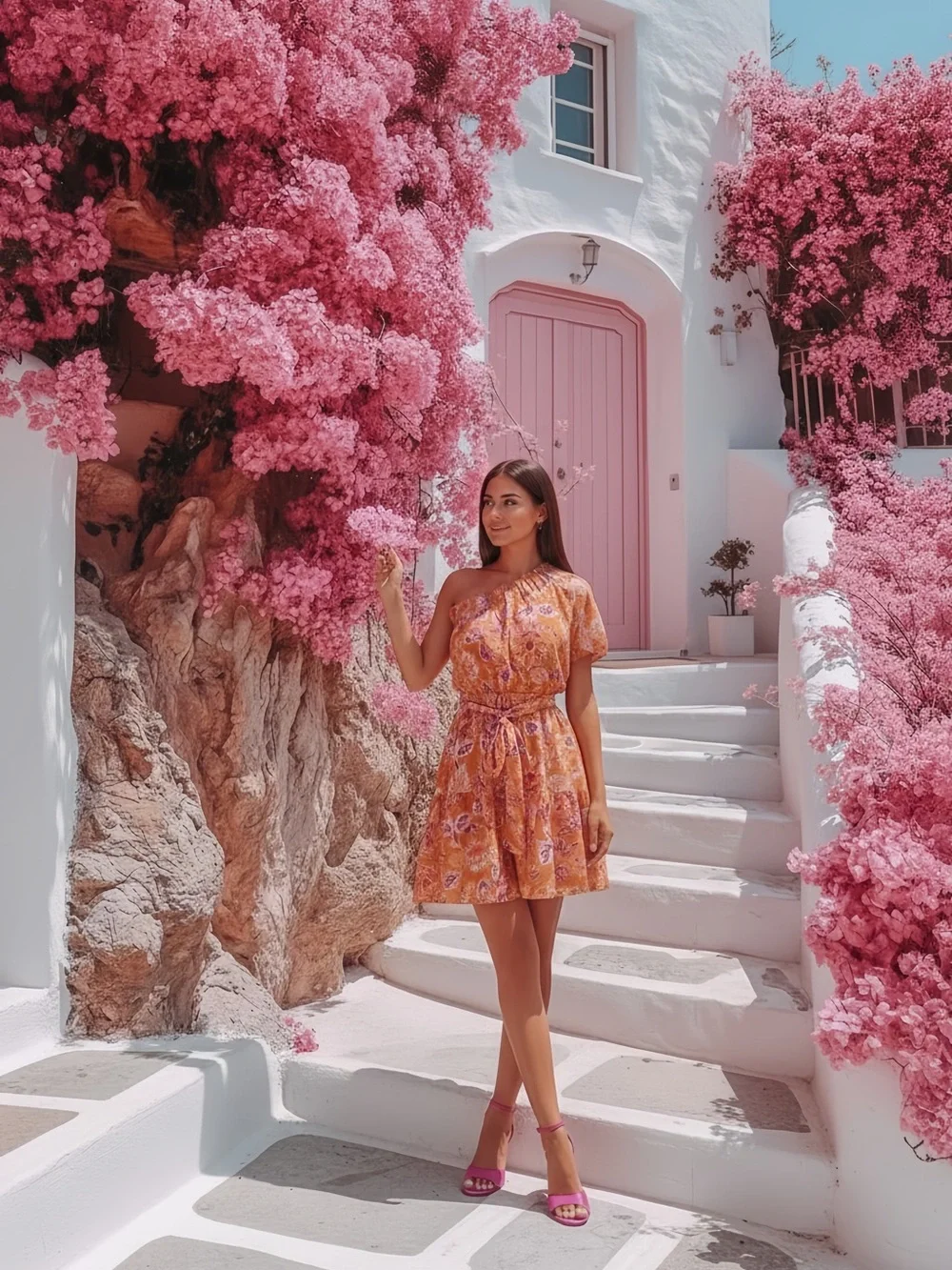 One-Shoulder Orange Floral Mini Dress - Picture 9 of 12
